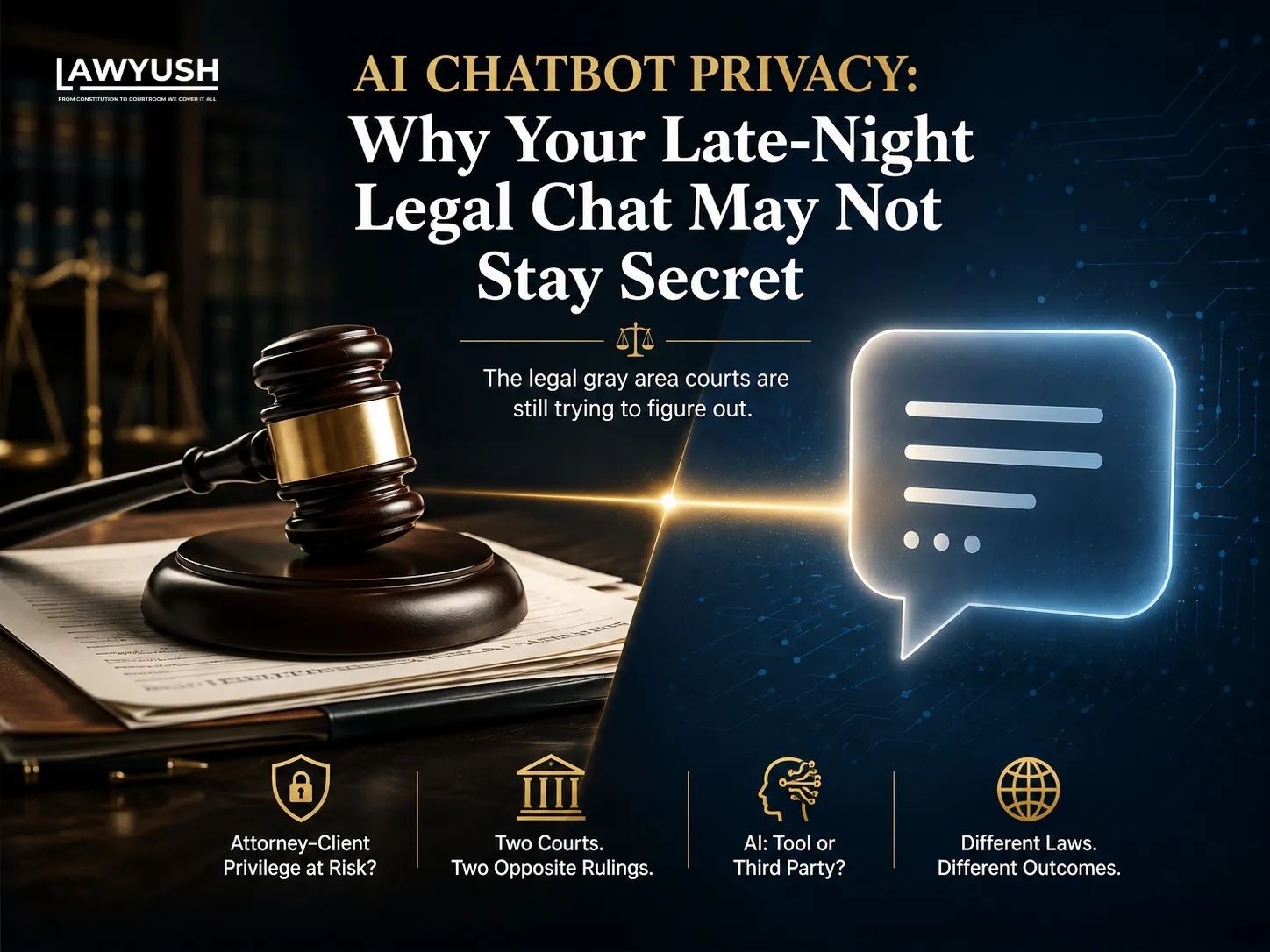 AI chatbot privacy debate shown through a courtroom gavel and glowing chat bubble